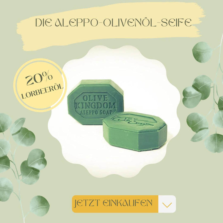 Alepposeife empfindliche Haut Gesicht 20% Lorbeer 100g schön verpackt empfehlen zu Psoriasis PREMIUM in grüner Seifenform.