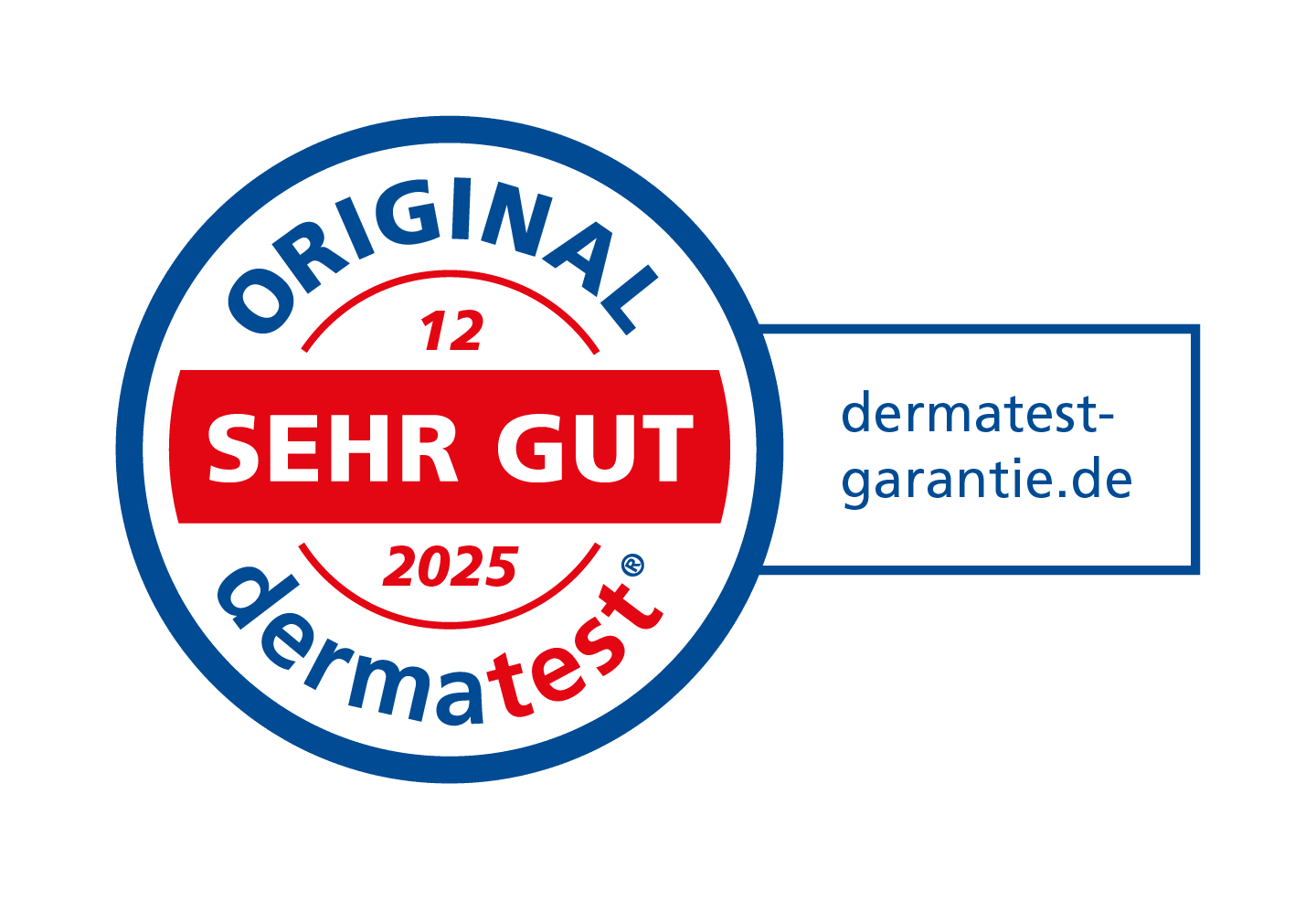 Zertifizierungssiegel für Hautpflege mit der Aufschrift "ORIGINAL SEHR GUT" von Dermatest, gültig bis 2025.