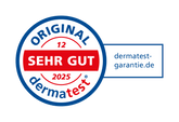 Zertifizierungssiegel für Hautpflege mit der Aufschrift "ORIGINAL SEHR GUT" von Dermatest, gültig bis 2025.