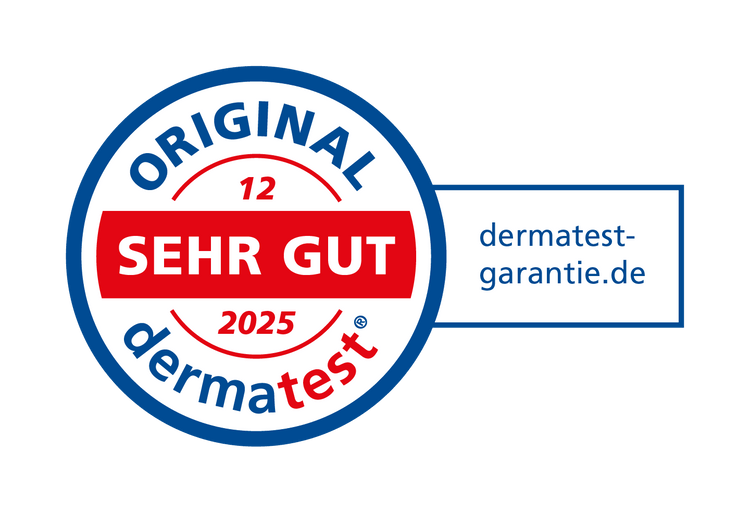 Zertifizierungssiegel für Hautpflege mit der Aufschrift "ORIGINAL SEHR GUT" von Dermatest, gültig bis 2025.
